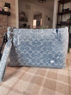 NEW Coach Signature Denim Signature Wristlet Pouch - Light Blue (Unisex)
